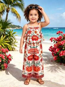 SHEIN Playful Pals 2件/組 幼女波希米亞風白色彩色花卉印花吊帶上衣+長褲套裝 夏季趣味度假假日穿搭 舒適休閒服 - 彩色 - 查看 5