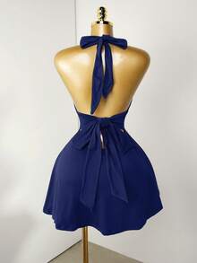 Mistrie Black Tight-Fitting Romper With Deep V-Neck, Backless Strap - Navy Blue - View 3
