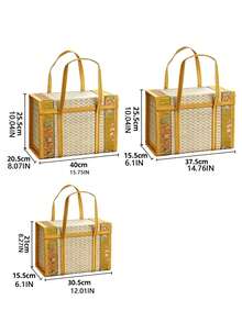 1Pc Foldable Camp Storage Basket Woven From Bamboo, Batik Cloth Covered, Picnic Basket, Rural Style. - yellow and white - View 3