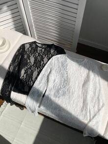 SHEIN Girlism 青少年女孩優雅蕾絲透視長袖白色修身圓領黑白兩件式上衣，秋冬款 - 彩色 - 查看 6