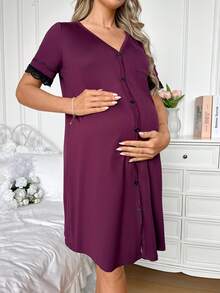 Moonlight&Mama Maternity Pajamas - Short Sleeve Dress (Lace Cuffs) - Purple - View 3