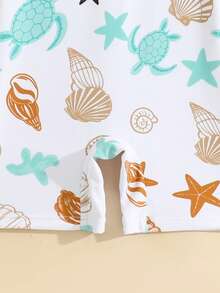 SHEIN 婴儿拉链泳衣，海洋生物鲨鱼印花。夏季海滩度假必备时尚单品。长袖设计，蓝色撞色，可爱的鲨鱼和海洋生物卡通图案。生动活泼。适合可爱的男宝宝在海滩玩耍时穿着。 - 彩色 - 查看 3