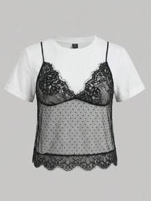 SHEIN BASICS Plus Size Colorblock Lace Patchwork 2 In 1 T-Shirt Date Night Party Rodeo Office Evening Going Out Gym White Black Summer Elegant Cute Sexy Tea Party - Multicolor - View 2