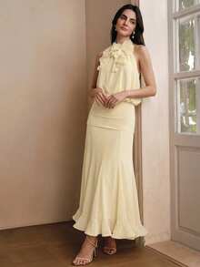 Anewsta Spring/Summer New Holiday Party Sleeveless Detachable Floral Decor Cinched Waist Ruffle Hem Romantic Elegant Maxi Dress For Women - Apricot - View 7