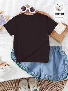 Spring Summer Autumn Girls Toddler Fashion Creative Refreshing Glitter Pink Bow Shape Pattern Print Casual Basic Short Sleeve T-Shirt - Black - View 2