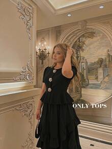 SHEIN MOD Plus Size 3D Floral Decor Ruffle Hem Black Top, Commuter Elegant, Urban Modern, Minimalist Vintage - Black - View 6