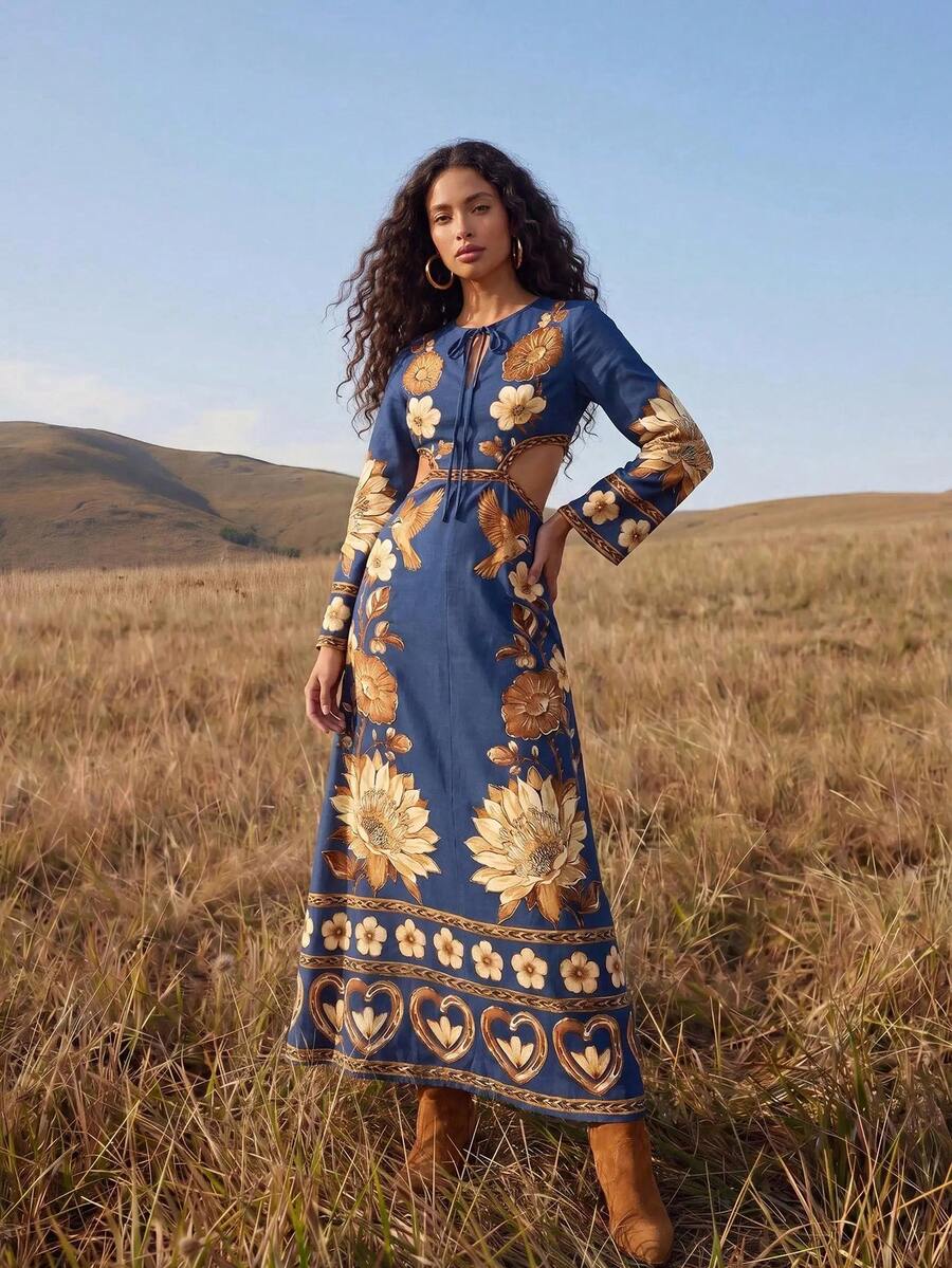 CAJUNI Elegant Winter Dress With Long Sleeves And A Waist Cutout, Floral Print - Multicolor - View 1