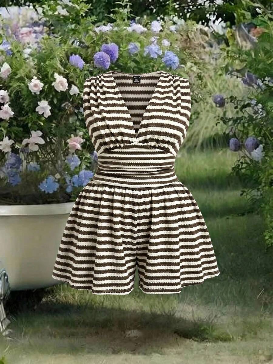 SHEIN MOD Plus Size Women Striped V-Neck Sleeveless Jumpsuit Women Vacation Beach Outfit Going Out Summer - Multicolor - View 1