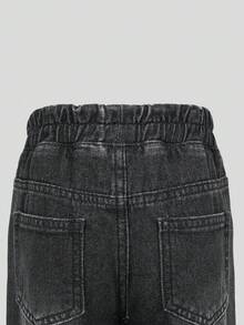 SHEIN 女童牛仔長褲，四季皆宜，簡約休閒風，黑色水洗牛仔，寬鬆大腿版型搭配鬆緊腰設計，舒適且穿脫方便，適合學校、戶外玩耍、暑假、家庭活動、派對與聚會 - 黑色 - 查看 8