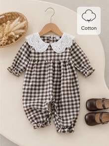 SHEIN Vintaside Kids 女嬰格紋領長袖可愛連身衣 春秋款摩卡色格紋套裝 幼童復古風附蝴蝶結棕色套裝 - 彩色 - 查看 5