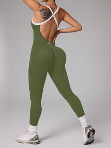SHEIN Dewbera 女款無縫交叉肩帶拼色跑步運動連身褲 - 綠色 - 查看 5