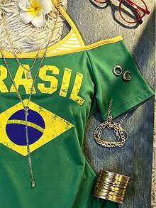 SHEIN 女款 Y2K 拼色繫帶前襟 T 恤，印有「BRASIL」字樣。比賽日、球迷穿搭。 - 彩色 - 查看 3