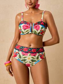 Travachic Women's Tropical Resort Style | Vintage Parrot Floral Print Wide Strap U-Notch Bikini Set - Contrast Trim Mid-Waist Two Pieces Swimwear Beachwear - Multicolor - View 3