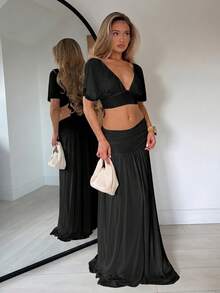 TRNVIE Fashionable Spring/Summer White Apricot V-Neck Mesh Top And Long Skirt Women's Two Pieces Set - Black - View 4
