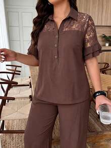 Lacomfia Spring & Summer Elegant Casual Loose Versatile Collared Button Splice Dyed Floral Trim Splice Lotus Sleeve Plus Size Women 2 Pieces Set - Brown - View 4
