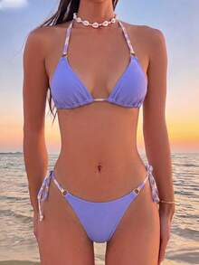 Swim Basics 女士夏季沙滩撞色露背系带性感比基尼和三角泳裤泳装套装 - 彩色 - 查看 1