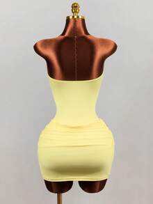 BamGleam Women Summer Solid Pale Yellow Strapless Corset Bodycon Mini Dress Ruched Wrap Hem Sexy Night Out Club Party Beach Photo Outfit - Yellow - View 3