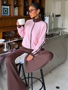 Muchica Women's Light Pink Brown Striped Jacket And Trousers Preppy Casual Style Tracksuit Travel Autumn - Multicolor - View 8