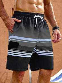Manfinity KASUA Pantalones cortos casuales de playa para vacaciones con cintura de cordón y bloques de color para hombres de talla grande - Negro - Ver 3