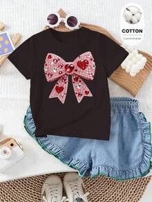 Spring Summer Autumn Girls Toddler Fashion Creative Refreshing Glitter Pink Bow Shape Pattern Print Casual Basic Short Sleeve T-Shirt - Black - View 4