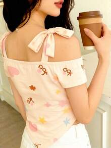 INAWLY Women's Summer Street Wear 2000s Y2k Cute Print Off-The-Shoulder Triangle Hem Top Bow Strap Everyday Vacation Daytime Knit Short-Sleeve T-Shirt Beige - Apricot - View 2