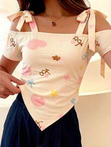 INAWLY Women's Summer Street Wear 2000s Y2k Cute Print Off-The-Shoulder Triangle Hem Top Bow Strap Everyday Vacation Daytime Knit Short-Sleeve T-Shirt Beige - Apricot - View 5