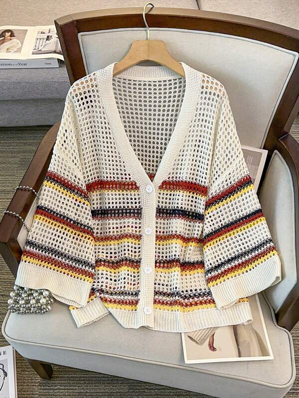 GlowEve CURVE Women's Spring/Summer New V-Neck Short Sleeve Color Block Striped Fashion Design Loose Knit Casual Versatile Commute Vacation Cardigan Top