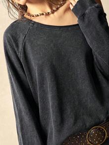Bohemela 休閒純色針織不對稱肩長袖寬鬆女款衛衣 日常灰色秋季 - 黑色 - 查看 6