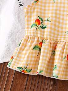 SHEIN Vintaside Kids 2件組女嬰橘黃色圓領無袖背心上衣 荷葉邊娃娃領鈕扣前襟蝴蝶結裝飾上衣 彈性腰長褲套裝 春夏秋季新款 舒適可愛甜美 適合居家與外出 - 黃色 - 查看 9