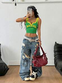 Coolane 女款夏季休閒字母印花短版背心上衣 - 綠色 - 查看 4