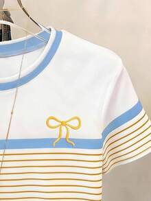 Tween Girls Casual Comfortable Fashionable Minimalist Versatile Personalized Striped Bow Pattern Print T-Shirt Casual Style Spring Summer Short Sleeve T-Shirt Striped Contrast Color Slim Fit Top Daily Wear Suitable For Spring Summer Autumn Tops - Multicolor - View 3
