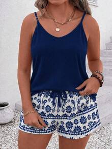 EMERY ROSE Plus Size Vacation Casual Solid Color Camisole Top And Floral Print Shorts 2-Piece Set - Multicolor - View 5