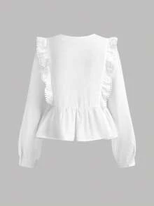 SHEIN Tween Girl Blouses Spring Autumn Winter New Woven White Casual Sweet Lady Solid Color Lace Patchwork Ruffle Long Sleeve Shirt, Doll Style Shirt, Back To School Season, Fashion Versatile - White - View 2
