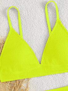 SHEIN Conjunto de traje de baño verde neón para vacaciones en la playa para niña preadolescente - Amarillo - Ver 3