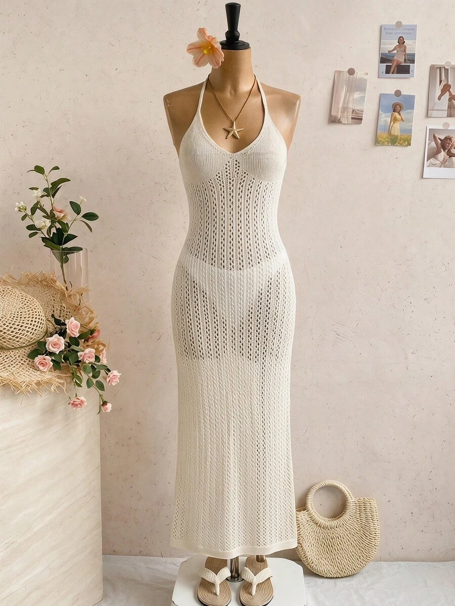 SHEIN 少女钩针编织罩衫连衣裙,休闲沙滩度假长裙 - 杏色 - 查看 1