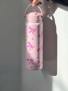 1pc 800ml Large Stainless Steel Insulated Travel Mug With Bow Print - Reusable, Durable Coffee Cup With Portable Handle & Foldable Straw - Perfect For Valentine's Day, Christmas, Graduation, Back To School, Gifts, Daily Use, Office & Outdoor Sports - Multicolor - View 9