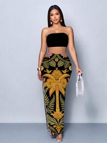 SOLERSUN Women's Solid Color Bandeau Top Plant Print Slit Design Skirt Casual Sexy Tropical Daily Set Beach Vacation Black Green Summer - Multicolor - View 5