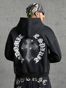 AXEPEAK 男士連帽字母十字圖案休閒百搭日常穿著長袖運動衫 - 黑色 - 查看 3