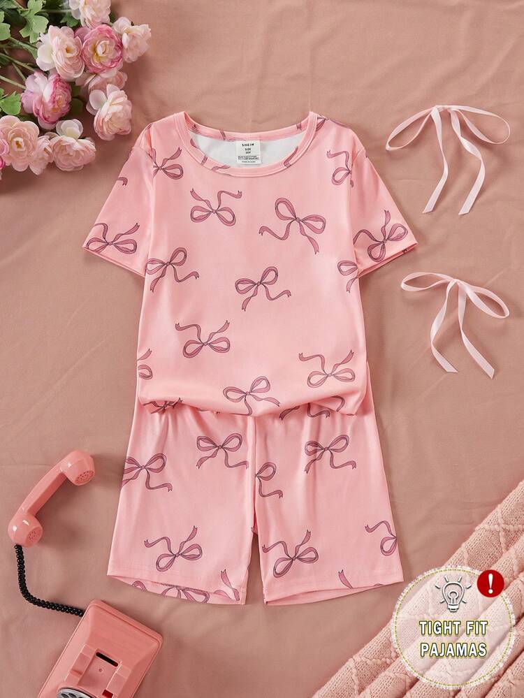 女童夏季短袖上衣與短褲緊身居家服套裝，蝴蝶結與線條印花上衣 + 全身印花短褲 2件組，大童女孩休閒舒適緊身睡衣，可愛蝴蝶結粉色圖案女童居家服套裝 - 粉色 - 查看 3