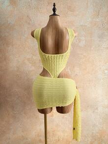 Mistrie Ensemble 2 pièces pour femme avec body sans manches à volants et jupe courte boutonnée - Jaune clair - Voir 3