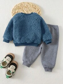 Cozy Pixies 男嬰卡通動物小狗圖案 3D 耳朵保暖內裡加厚撞色圓領長袖套頭運動衫與彈性腰縮口膝蓋補丁長褲 2 件套，適合室內、戶外休閒、滑雪、返校、日常、運動、玩耍、派對 - 彩色 - 查看 2