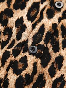Elenzga Plus Size Women's Summer Elegant Casual Vintage Leopard Print Lapel Long Sleeve Elastic Waist Long Brown Casual Dress - Brown - View 6