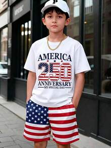 SHEIN Tween Boy American 4th Of July Independence Day Stars And Stripes Digital Print Casual Preppy Comfortable Fashionable Minimalist Practical Versatile Cute Soft T-Shirt Suitable For Daily Wear And School - White - View 6