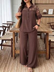 Lacomfia Spring & Summer Elegant Casual Loose Versatile Collared Button Splice Dyed Floral Trim Splice Lotus Sleeve Plus Size Women 2 Pieces Set - Brown - View 6