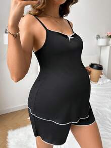 Moonlight&Mama Moonlight & Mama 基本款休閒時尚黑色提花面料細肩帶哺乳孕婦睡衣套裝 - 黑色 - 查看 4