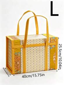 1Pc Foldable Camp Storage Basket Woven From Bamboo, Batik Cloth Covered, Picnic Basket, Rural Style. - yellow and white - View 15
