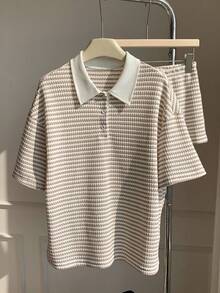 Comfortcana Women's Blue And White Stripe Polo Collar Short Sleeve T-Shirt And Shorts Casual Two Pieces Set Back-To-School School Summer Everyday - Khaki - View 3