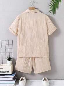 SHEIN Mirajuku 2pcs Tween Boy Knit Textured Vertical Stripe Short Sleeve Shirt And Matching Casual Shorts, Blended Fabric, Skin-Friendly Soft And Breathable. - Apricot - View 2