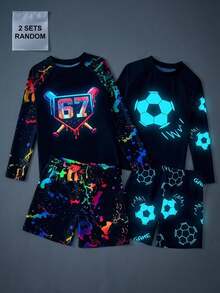 SHEIN Conjunto de tankini de 2 piezas informal y ajustado con estampado fosforescente de videojuegos para niño preadolescente, adecuado para primavera/verano, vacaciones en la playa - Multicolor - Ver 2