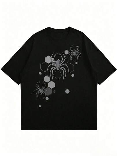 Camiseta unisex, diseño frontal ilustración de arañas y hexágonos en tonos grises, estilo gráfico urbano juvenil
